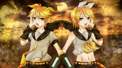 Rule 34 | 1boy, 1girl, arm warmers, blonde hair, brother and sister, child, green eyes, highres, kagamine len, kagamine rin, leaf, music, navel, open mouth, ponytail, siblings, singing, smt ksy, sun, tagme, twins, vocaloid