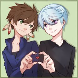 Rule 34 | 10s, 2boys, bandai namco, bishounen, blue hair, brown hair, feathers, green eyes, heart, heart hands, heart hands duo, lowres, male focus, mikleo (tales), multiple boys, purple eyes, simple background, smile, sorey (tales), tales of (series), tales of zestiria, tusia, yaoi