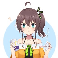 Rule 34 | 1girl, :t, ?, ahoge, aqua eyes, bare shoulders, black camisole, black straps, blue background, blush, camisole, closed mouth, collarbone, commentary, cup, disposable cup, dot nose, green ribbon, hair between eyes, hair ornament, halterneck, hanazome uta, highres, holding, holding cup, hololive, jacket, natsuiro matsuri, natsuiro matsuri (1st costume), neck ribbon, off-shoulder jacket, off shoulder, orange jacket, pinstripe camisole, pinstripe pattern, ribbon, side ponytail, solo, striped, translation request, two-tone background, upper body, virtual youtuber, white background