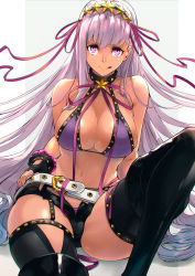 Rule 34 | 1girl, bare shoulders, bb (fate), bb (fate) (all), bb (swimsuit mooncancer) (fate), bb (swimsuit mooncancer) (second ascension) (fate), bead bracelet, beads, belt, bikini, black gloves, black shorts, black thighhighs, border, bracelet, breasts, cleavage, closed mouth, collarbone, fate/grand order, fate (series), fingerless gloves, gloves, grey background, gyaru, hair ornament, hair ribbon, hairband, highres, jewelry, knee up, large breasts, licking lips, long hair, looking at viewer, micro shorts, mille (dieci), navel, neck ribbon, purple bikini, purple eyes, purple hair, purple ribbon, ribbon, short shorts, shorts, simple background, sitting, smile, solo, star (symbol), star hair ornament, studded garter belt, swimsuit, tan, thighhighs, thighs, tongue, tongue out, very long hair, white belt, white border