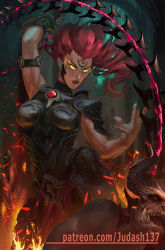 Rule 34 | 1girl, armor, armpits, boots, breastplate, chain, darksiders, fury (darksiders), glowing, glowing eyes, judash137, lips, long hair, looking at viewer, muscular, red hair, smile, solo, weapon, whip, yellow eyes