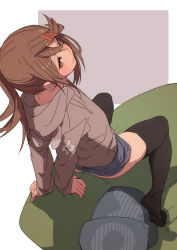 Rule 34 | 1girl, black thighhighs, brown background, brown eyes, brown hair, brown hoodie, closed mouth, commentary, couch, from above, fu-ta, hair ornament, hairclip, highres, hood, hood down, hoodie, long hair, long sleeves, on couch, original, pillow, ponytail, shadow, shorts, sitting, solo, thighhighs, two-tone background, usami taiga, white background