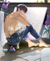 Rule 34 | 1boy, artist name, barefoot, blue pants, denim, flower, full body, holding, holding brush, indoors, looking at viewer, looking back, marius von hagen (tears of themis), muscular, muscular male, on floor, paint, paint splatter, paintbrush, painting (action), painting (object), pants, purple eyes, purple flower, purple hair, short hair, signature, sitting, solo, tang xinzi, tears of themis, tile floor, tiles, toes, topless male