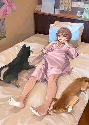 Rule 34 | 1girl, barefoot, bed, bed sheet, bedroom, breasts, brown eyes, brown hair, cellphone, dog, dress, english text, eyelashes, feet, full body, hair ornament, hands up, highres, indoors, legs, long sleeves, looking at another, lying, medium breasts, medium hair, mmmo3, on back, open mouth, original, phone, pillow, pink dress, smartphone, soles, solo, stuffed animal, stuffed toy, teddy bear, toenails, toes, wavy mouth