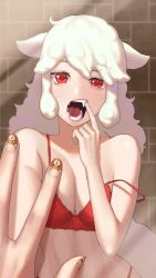 Rule 34 | 1girl, animal ears, animated, at-4 pani, blinking, bra, breasts, cleavage, curly hair, dc (makezzal), fangs, grin, last origin, long hair, looking at viewer, mirror, nail polish, open mouth, pov, red eyes, reflection, smile, solo, strap slip, ugoira, underwear, very long hair, white hair, wolf ears, wolf girl