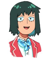 Rule 34 | 1girl, blazer, blue bow, blue bowtie, bow, bowtie, collared shirt, commentary, green hair, highres, jacket, kurata tome, looking at viewer, mob psycho 100, open mouth, red jacket, school uniform, shirt, short hair, simple background, smile, solo, symbol-only commentary, upper body, white background, white shirt, yescilantro
