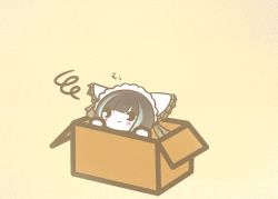 Rule 34 | 1girl, animal ears, azur lane, blue hair, box, cheshire (azur lane), chibi, fake animal ears, frilled hairband, frills, hairband, in box, in container, koti, multicolored hair, simple background, solo, streaked hair, yellow background