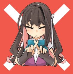Rule 34 | 1girl, aqua bow, aqua bowtie, black hair, bow, bowtie, commentary request, closed eyes, facing viewer, fang, fingerless gloves, gesture, gloves, kantai collection, long hair, macbail, multicolored hair, naganami (kancolle), naganami kai ni (kancolle), pink hair, purple vest, red background, shirt, short sleeves, solo, thick eyebrows, upper body, vest, wavy hair, white shirt, x, x fingers