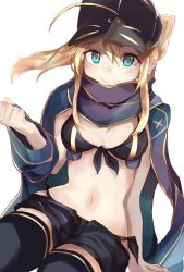 Rule 34 | 1girl, absurdres, arm support, artoria pendragon (all), artoria pendragon (fate), baseball cap, bikini, black bikini, black shorts, black thighhighs, blonde hair, blue scarf, blurry, blush, breasts, closed mouth, depth of field, dutch angle, fate/grand order, fate (series), front-tie bikini top, front-tie top, hair between eyes, hand up, hat, highres, long hair, looking at viewer, medium breasts, mysterious heroine x (fate), ponytail, ranf, saber (fate), scarf, short shorts, shorts, side-tie bikini bottom, sidelocks, simple background, sitting, smile, solo, swimsuit, thighhighs, white background