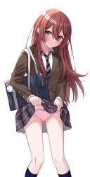 Rule 34 | 1girl, bag, blue necktie, blush, breasts, brown hair, brown jacket, clothes lift, collarbone, commentary request, cowboy shot, debi tarou, dot nose, eluthel, hair between eyes, highres, idolmaster, idolmaster shiny colors, jacket, lifting own clothes, long hair, long sleeves, looking at viewer, medium breasts, necktie, osaki tenka, panties, pantyshot, parted lips, pigeon-toed, pink panties, plaid, plaid skirt, pleated skirt, purple skirt, school bag, school uniform, shirt, shy, simple background, skirt, skirt lift, solo, standing, striped necktie, twitter username, underwear, uniform, white background, white shirt, yellow eyes