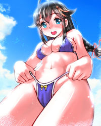 Rule 34 | 1girl, ahoge, bikini, black hair, blue eyes, blue sky, braid, breasts, cloud, commentary request, day, from below, hair flaps, kantai collection, kentap, large breasts, long hair, looking at viewer, open mouth, purple bikini, shigure (kancolle), shigure kai ni (kancolle), single braid, sky, smile, solo, swimsuit, teeth, upper teeth only