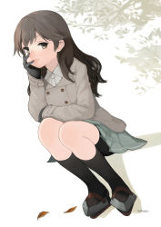Rule 34 | 10s, 1girl, arashio (kancolle), bike shorts, bike shorts under skirt, black gloves, black hair, brown eyes, chagen kokimu, gloves, hand on own cheek, hand on own face, highres, jacket, kantai collection, long hair, long sleeves, looking at viewer, pleated skirt, shirt, shorts, shorts under skirt, sitting, skirt, solo
