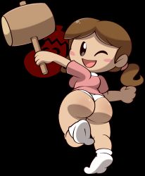 Rule 34 | 1girl, ass, black background, black eyes, blush, breasts, brown hair, eggplant, food, from behind, fruit, hammer, highres, holding, ice climber, large breasts, leg up, long hair, looking at viewer, looking back, low twintails, mallet, nana (ice climber), nintendo, open mouth, pink shirt, shirt, short sleeves, smile, socks, standing, standing on one leg, super smash bros., twintails, vilepluff, white legwear, wink