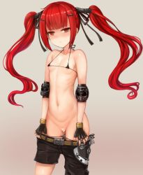 Rule 34 | 1girl, asymmetrical clothes, asymmetrical pants, bare shoulders, belt, belt buckle, bikini, bikini pull, black bikini, black gloves, black pants, blunt bangs, blush, breasts, brown background, brown belt, buckle, censored, closed mouth, clothes pull, collarbone, commentary request, cowboy shot, cz75 (girls&#039; frontline), fingerless gloves, girls&#039; frontline, gloves, gradient background, groin, head tilt, heart, heart censor, long hair, looking at viewer, micro bikini, navel, nose blush, pants, pants pull, pulled by self, pussy, red eyes, red hair, saruton, side-tie bikini bottom, sidelocks, single pantsleg, small breasts, solo, swimsuit, twintails, very long hair