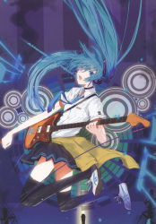 Rule 34 | 1girl, artist request, black thighhighs, blue eyes, blue hair, electric guitar, female focus, fender jazzmaster, full body, fuyuno haruaki, guitar, hair ornament, hatsune miku, headphones, highres, instrument, jumping, long hair, looking back, matching hair/eyes, necktie, open mouth, school uniform, shoes, skirt, sneakers, solo, thighhighs, twintails, very long hair, vocaloid