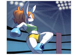 Rule 34 | 1girl, blue eyes, boxing gloves, brown hair, rabbit, furry, furry female, light, shoes, short hair, shorts, sneakers, solo, sweat, tank top, uno usaya