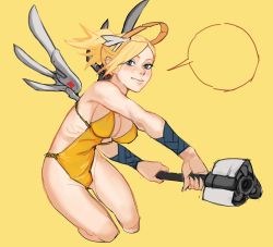 Rule 34 | 1girl, blank speech bubble, blonde hair, blue eyes, blush, breasts, cleavage, cropped legs, halo, high ponytail, highres, hong doo, large breasts, long hair, mechanical halo, mechanical wings, mercy (overwatch), one-piece swimsuit, overwatch, overwatch 1, solo, speech bubble, staff, sweat, swimsuit, wings, yellow background, yellow one-piece swimsuit