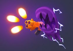 Rule 34 | alternate costume, electricity, gradient background, gun, horror (nuclear throne), justin chan, no humans, nuclear throne, official art, open mouth, solo, weapon
