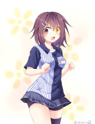 Rule 34 | 10s, 1girl, alternate costume, breasts, brown eyes, brown hair, clenched hands, commentary request, employee uniform, furutaka (kancolle), hair between eyes, hair ornament, hairclip, heterochromia, kantai collection, lawson, looking at viewer, matching hair/eyes, medium breasts, miniskirt, open mouth, pleated skirt, short hair, short sleeves, shorts under skirt, single thighhigh, skirt, solo, tamagawa yukimaru, thighhighs, twitter username, uniform, yellow eyes