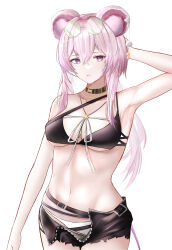 Rule 34 | 1girl, absurdres, animal ears, arknights, arm up, armpits, bare arms, bare shoulders, belt, bikini, black belt, black bikini, black choker, black shorts, choker, commentary, cowboy shot, eyewear on head, hair between eyes, highres, lin (arknights), long hair, looking at viewer, mouse ears, navel, pink eyes, pink hair, short shorts, shorts, simple background, solo, standing, stomach, sunglasses, swimsuit, white background, woon