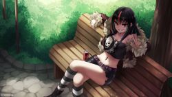 Rule 34 | 1girl, bare shoulders, belt, bench, black hair, black shirt, black shorts, boots, breasts, can, check commentary, cleavage, collarbone, commentary request, crop top, crossed legs, delinquent, drink can, fur trim, grin, highres, jacket, kintsao, kneehighs, long hair, looking at viewer, medium breasts, midriff, multicolored hair, navel, navel piercing, open clothes, open jacket, original, outdoors, park bench, piercing, red eyes, sharp teeth, shirt, short shorts, shorts, sitting, skull print, smile, socks, soda can, solo, stomach, strapless, strapless shirt, streaked hair, striped clothes, striped socks, teeth, thighs, torn clothes, torn shorts, w