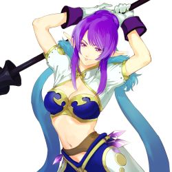 Rule 34 | 1girl, arms up, blue hair, breasts, cleavage, contrapposto, gloves, judith (tales), long hair, medium breasts, midriff, multicolored hair, navel, pointy ears, polearm, purple eyes, purple hair, solo, standing, tales of (series), tales of vesperia, two-tone hair, upper body, weapon, white gloves, zakki