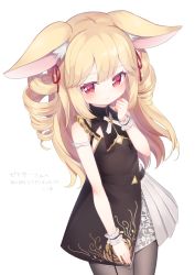 Rule 34 | 1girl, animal ear fluff, animal ears, bare shoulders, black dress, blonde hair, blush, borrowed character, closed mouth, commentary request, dress, drill hair, grey pantyhose, hair ribbon, hand up, highres, kokone (coconeeeco), long hair, looking at viewer, original, pantyhose, pleated dress, red eyes, red ribbon, ribbon, simple background, sleeveless, sleeveless dress, solo, translation request, two side up, very long hair, white background, wrist cuffs