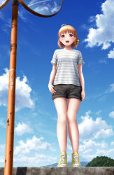 Rule 34 | 10s, 1girl, :d, ahoge, arms at sides, bad id, bad pixiv id, bare legs, black shorts, blue sky, bow, braid, brown hair, cloud, converse, cross-laced footwear, day, full body, hair ribbon, high tops, highres, looking at viewer, love live!, love live! sunshine!!, no socks, open mouth, outdoors, papi (papiron100), pink eyes, reflection, ribbon, shirt, shoes, short hair, short sleeves, shorts, side braid, sky, smile, sneakers, solo, standing, striped clothes, striped shirt, t-shirt, takami chika, teeth, traffic mirror, yellow bow, yellow footwear