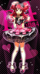 Rule 34 | 1girl, bow, breasts, brown hair, choumoku (toriko b c), copyright name, crown, dress, earrings, frilled skirt, frills, gloves, hair ornament, heart, jewelry, kujikawa rise, legs, lolita fashion, long hair, necklace, persona, persona 4, polka dot, polka dot background, red eyes, red hair, ribbon, see-through, skirt, smile, solo, twintails
