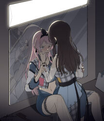 Rule 34 | 2girls, artist name, bang dream!, bang dream! it&#039;s mygo!!!!!, bite mark, black nails, black ribbon, blue skirt, brown hair, chihaya anon, chinese commentary, clothing cutout, comb, comfort zoner, commentary request, cropped jacket, dated, earrings, fang, finger in another&#039;s mouth, grey eyes, grey skirt, hair ribbon, highres, jewelry, long hair, long sleeves, midriff, multiple girls, nagasaki soyo, nail polish, navel, one eye closed, open mouth, pants, pink hair, red nails, reflection, ribbon, saliva, see-through, see-through pants, shoulder cutout, sidelocks, skirt, tearing up, teeth, thigh strap, upper teeth only, yuri