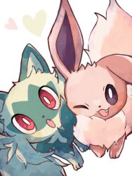 Rule 34 | animal focus, brown fur, cat, commentary request, creatures (company), eevee, fang, fangs, game freak, gen 1 pokemon, green fur, hanabusaoekaki, heart, highres, nintendo, no humans, one eye closed, open mouth, pokemon, pokemon (creature), red eyes, simple background, solid oval eyes, sprigatito, white background, white fur