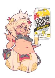 Rule 34 | 1girl, absurdres, alcohol, blonde hair, blush, breasts, buttons, can, commentary, cropped legs, cup, drink can, drinking glass, drunk, english commentary, eyes visible through hair, fang, food, fruit, hat, highres, holding, holding plate, lemon, lemon slice, long hair, looking at viewer, medium breasts, navel, open mouth, original, plate, plump, poorsdraws, simple background, skin fang, solo, strong zero, v, white background, yellow eyes