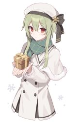 Rule 34 | 1girl, beret, box, capelet, closed mouth, dress, fringe trim, fur-trimmed capelet, fur trim, gift, gift box, green hair, green scarf, hair between eyes, hands up, hat, hijiri (resetter), holding, holding gift, long hair, long sleeves, looking at viewer, original, pleated dress, puffy long sleeves, puffy sleeves, red eyes, scarf, simple background, solo, white background, white capelet, white dress, white hat