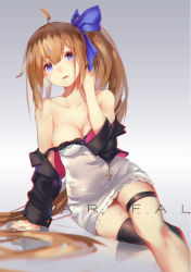 Rule 34 | 1girl, arm support, artist name, bare shoulders, blonde hair, blue eyes, breasts, camisole, character name, cleavage, collarbone, copyright name, cross, crossed legs, fal (girls&#039; frontline), girls&#039; frontline, gradient background, hand on own shoulder, head tilt, jacket, long hair, looking at viewer, medium breasts, off shoulder, open mouth, openvl, purple eyes, side ponytail, single thighhigh, sitting, solo, strap slip, thigh strap, thighhighs, very long hair