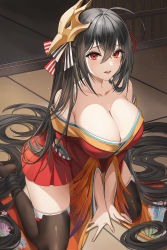 Rule 34 | 1girl, absurdres, ahoge, azur lane, bare shoulders, bird mask, black hair, black thighhighs, breasts, cleavage, collarbone, feather-trimmed sleeves, foot out of frame, hair between eyes, hair ornament, hair ribbon, highres, japanese clothes, kimono, kneeling, large breasts, lillly, long hair, looking at viewer, mask, mask on head, no shoes, obi, off shoulder, on floor, open mouth, red eyes, red kimono, red ribbon, ribbon, sash, short kimono, smile, solo, taihou (azur lane), teeth, thighhighs, twintails, upper teeth only, v arms, very long hair, zettai ryouiki