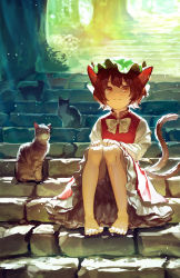 Rule 34 | 1girl, absurdres, animal, animal ears, barefoot, black cat, brown eyes, brown hair, cat, cat ears, cat tail, chen, dress, earrings, feet, frilled dress, frills, hair between eyes, hands on own knees, hat, highres, jewelry, light smile, long sleeves, looking up, mob cap, motsuba, multiple tails, nekomata, red dress, short hair, single earring, sitting, sitting on stairs, solo, stairs, tabby cat, tail, toes, touhou, two tails, white neckwear