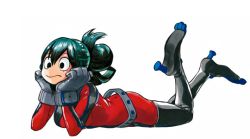 Rule 34 | 10s, 1girl, asui tsuyu, black eyes, boku no hero academia, feet up, female focus, frog girl, gloves, green hair, hands on own cheeks, hands on own face, hip focus, lying, simple background, skin tight, solo, thighs, white background