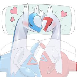 Rule 34 | 1boy, 1girl, artist request, bed, bed sheet, blush, claws, couple, creatures (company), closed eyes, from above, furry, game freak, gen 3 pokemon, holding hands, happy, heart, hetero, interlocked claws, latias, latios, legendary pokemon, lying, nintendo, no humans, on side, pillow, pokemon, pokemon (creature), see-through, sleeping, smile, under covers