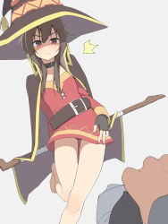 Rule 34 | 1girl, angry, bad id, bad pixiv id, bare legs, barefoot, belt, black panties, blush, brown hair, cape, collar, commentary, dress, fingerless gloves, frown, gloves, hat, holding, holding staff, kono subarashii sekai ni shukufuku wo!, megumin, panties, panty peek, red dress, red eyes, salpin, shaded face, short hair with long locks, simple background, solo focus, staff, standing, standing on one leg, sweatdrop, underwear, witch hat