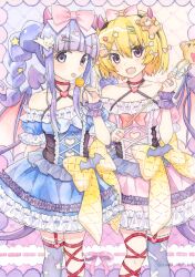 Rule 34 | 2girls, alternate hairstyle, bandaid print, black hairband, blonde hair, blue dress, blunt bangs, blush, bow, braid, candy, choker, corset, cross-laced clothes, cross-laced corset, demon girl, demon horns, demon tail, demon wings, dress, fang, flat chest, food, frilled dress, frills, furude rika, hair bow, hair ornament, hairband, hairclip, heart-shaped ornament, highres, higurashi no naku koro ni, holding, holding candy, holding food, holding lollipop, horns, houjou satoko, jewelry, lollipop, long bangs, long hair, looking at another, looking at viewer, multiple braids, multiple girls, off shoulder, official alternate costume, open mouth, pink dress, pink horns, puffy short sleeves, puffy sleeves, purple eyes, ring, short hair, short sleeves, sidelocks, single thighhigh, skin fang, smile, standing, star (symbol), star print, stuffed animal, stuffed toy, sweet miuk tea, sweets, tail, tareme, teddy bear, thighhighs, tongue, tongue out, too many, too many frills, tsurime, twin braids, upper body, v-shaped eyebrows, wings, wrist cuffs