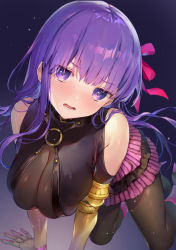 Rule 34 | 1girl, arm support, bb (fate), bb (fate/extra), black pantyhose, breasts, clothing cutout, cosplay, fate/extra, fate/extra ccc, fate (series), hair ribbon, highres, large breasts, leaning forward, looking at viewer, pantyhose, parted lips, passionlip (fate), passionlip (fate) (cosplay), purple eyes, purple hair, ribbon, shoulder cutout, simple background, solo, vivi (eve no hakoniwa)