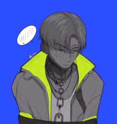 Rule 34 | 1boy, animification, apex legends, black choker, blue background, blush, chain, chinese commentary, choker, closed eyes, collarbone, crypto (apex legends), facing down, greyscale with colored background, highres, jacket, jewelry, male focus, necklace, parted hair, shengdiyu, shirt, short hair, solo, spot color