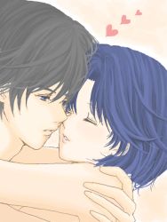 Rule 34 | 1boy, 1girl, artist request, black hair, blue hair, closed eyes, couple, dutch angle, gradient background, heart, hetero, light blush, parted lips, ranma 1/2, saotome ranma, short hair, simple background, tendou akane, topless frame