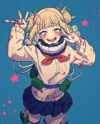 Rule 34 | 1girl, black skirt, blonde hair, blood, blood on clothes, blood on face, blood on hands, blue background, blunt bangs, blush, boku no hero academia, commentary request, double bun, fangs, hair bun, holding, holding knife, knife, looking at viewer, neckerchief, open mouth, pleated skirt, red neckerchief, simple background, skirt, solo, star (symbol), thigh strap, toga himiko, w, yellow eyes, yoruhachi