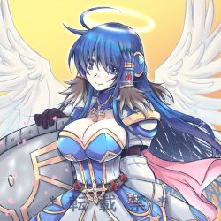 Rule 34 | 1girl, armor, armored dress, black gloves, blue eyes, blue hair, breasts, cleavage, closed mouth, commentary request, cowboy shot, cross, feathered wings, gauntlets, gloves, halo, holding, holding shield, large breasts, long hair, looking at viewer, official alternate costume, pauldrons, ragnarok online, royal guard (ragnarok online), shield, shoulder armor, smile, solo, tanono, translation request, white wings, wings, yellow background