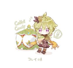 Rule 34 | !, 1girl, ahoge, blush, blush stickers, boots, brown dress, brown footwear, brown thighhighs, candy, cape, capelet, character name, chibi, closed mouth, collei (genshin impact), commentary request, crossed bangs, dress, food, frown, genshin impact, green capelet, green hair, hair between eyes, hair intakes, hair ornament, holding, holding food, jar, long sleeves, looking at viewer, medium hair, nekorune (bukubuku awai), notice lines, puffy long sleeves, puffy sleeves, purple eyes, sidelocks, simple background, solo, speech bubble, spoken exclamation mark, standing, thighhighs, translation request, v-shaped eyebrows, vision (genshin impact), white background, yellow cape