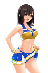 Rule 34 | 1girl, :d, armpits, bare arms, bare shoulders, black hair, blue buruma, blush, breasts, brown eyes, buruma, cheerleader, cleavage, clothes lift, collarbone, commentary request, cowboy shot, hand on own hip, highres, lifting own clothes, looking back, medium breasts, medium hair, miniskirt, navel, nonaka ritsu, open mouth, original, simple background, skirt, skirt lift, smile, solo, sports bra, stomach, sweatband, upskirt, white background
