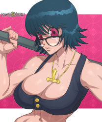 Rule 34 | 1girl, abs, artist name, black bra, black hair, bra, breasts, closed mouth, cross, expressionless, female focus, glasses, holding, holding weapon, hunter x hunter, kameseru, large breasts, looking at viewer, muscular, muscular female, red eyes, shizuku murasaki, short hair, solo, underwear, weapon