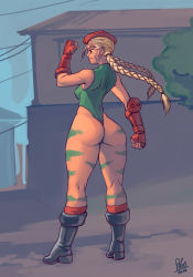 Rule 34 | ass, bare shoulders, beret, blonde hair, boots, braid, cammy white, capcom, fingerless gloves, gloves, hat, highres, leotard, long hair, pa-go, scar, solo, street fighter, thong leotard, twin braids, wide hips