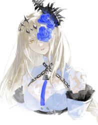 Rule 34 | 1girl, alpha (punishing: gray raven), bare shoulders, blue flower, blue necktie, blue rose, chain, cheng (zi74438982), cleavage cutout, clothing cutout, conch, detached sleeves, dress, flower, flower over eye, hair between eyes, hair flower, hair ornament, highres, jewelry, light brown hair, lock, long hair, looking at viewer, lucia: crimson abyss (apocalyptic cyan) (punishing: gray raven), lucia: crimson abyss (punishing: gray raven), necktie, one eye covered, orange eyes, padlock, parted lips, punishing: gray raven, rose, shell hair ornament, solo, upper body, white dress, white sleeves